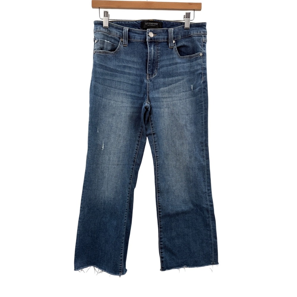 Liverpool LA Crop Flare Jeans‎ Womens 8/29 Blue Raw Hem Distressed Stretch Denim